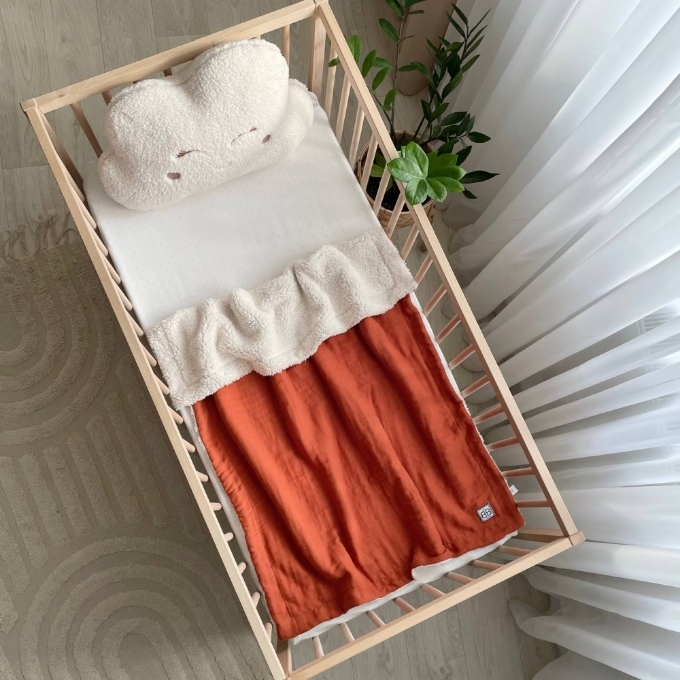 Paturica bebe din muselina si blanita Teddy teracota (2)